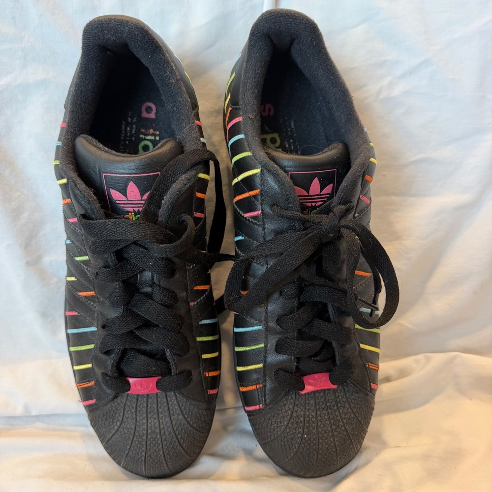 Adidas Superstar Black Leather Multicolor Embroidered Pinstripe Shell Toe Shoes